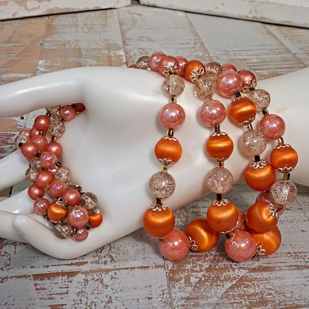 Vintage 50s Japan MCM Statement Necklace Orange Satin Clear Pearl Bead Whimsical
